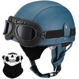 Deutsche Leder Motorrad Halbhelme mit ECE, Vintage Helme mit Schutzbrille, Jethelm Retro, Chopper Helm, Scooter-Helm, Fahrradhelm, mit Sonnenblende und Herausnehmbares Innenfutter