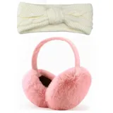 LPAMABA 2 Stück Winter Ohrenwärmer Winter Plüsch Ohrenschützer Faltbare Ohrwärmer Earmuffs mit Stirnband Damen Stirnband Kinder Mädchen Elastische Haarschmuck Kälteschutz Winterzubehör, Rosa+Weiß - M