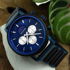 Holzwerk Germany Holzwerk BARUTH Herren Edelstahl & Holz Chronograph Mondphase Uhr, blau, schwarz