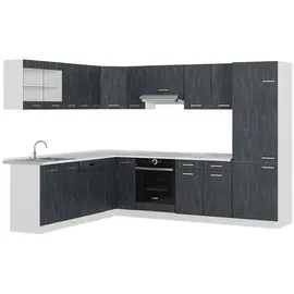 Vicco Eckküche R-Line 287x227 cm Schwarz Beton Weiß mit Arbeitsplatte Weiß Marmor