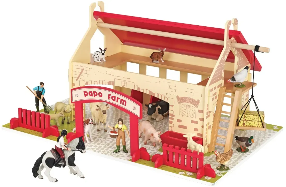 Papo Der kleine Bauernhof Holz Bauernhof-Spielset 24 Teile - 64 x 40 x 29,8 cm, mehrfarbig - Fördert Fantasie, ab 3 Jahren