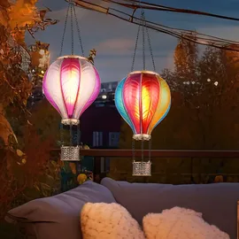 GLOBO Solarlampe Hängeleuchte Außenlampe Heißluftballon Feuereffekt Gartendeko Balkonlampe, pink bunt, 20x 0,5W 1600K warmweiß, DxH 14 x 46,5 cm, 2er Set