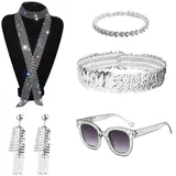 XNIVUIS 5 Stück 70s Disco Accessories Costume Disco Outfit Accessoires,Paillettenschal Halskette Bling Sonnenbrille Ohr Accessoires Stirnband Armband,für Damen 70er Jahre Glitzer Disco Kostüm(5 PCS)