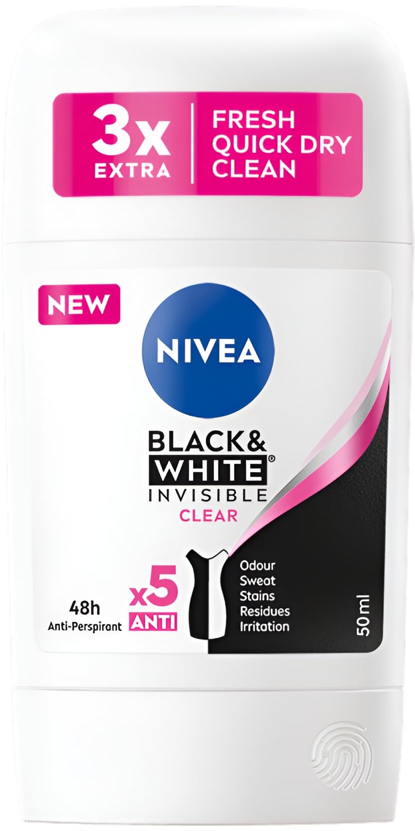 NIVEA Black & White Clear Anti-perspirant Stick Deodorant Women INVISIBLE BLACK AND WHITE CLEAR, Softer Texture For Smoother Application, Pack of 2, 2 x 50ML, 48H Protection