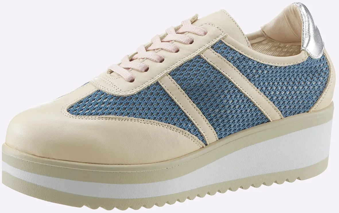 Schnürschuh HEINE Gr. 35, beige (beige, blau) Damen Schuhe Plateausneaker Modernsneaker Schnürschuh Sneaker