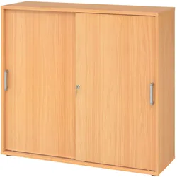 bümö Schiebetürenschrank 3OH - Aktenschrank abschließbar, Sideboard Schrank mit Schiebetüren in Buche, Chromgriff - Büroschrank aus Holz mit