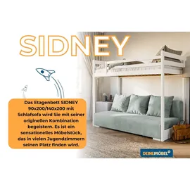 dein schlaf 24 Etagenbett Jugendbett Couch SIDNEY 90x200/140x200 mit Schlaffunktion Couch in Cord Samt inkl 3 große Kissen Weiss Grau Funktionsbett aus Kiefernholz - Weiß/Grau