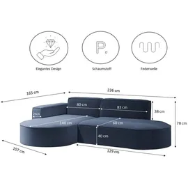 kaiser möbel Modernes L-förmiges Designer-Ecksofa Modena Studio stoff Raven Blau Links