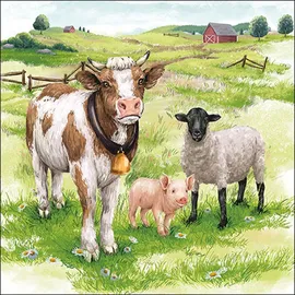 Ambiente Home 20 Servietten Papier 33x33cm 3-lagig - hochwertige Einweg Papierservietten Bauernhof-Tiere Kuh, Schwein Schaf Tischdeko. Landhaus Bauernhofparty