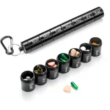 Metall Alu Tablettenbox 7 Tage 7 Fächer Schwarz Aluminium Mini Klein Woche Pillendose Wasserdicht Mitnehmen Lang Tablettendose Pillen Organizer Box Medikamentenbox für Reise Outdoor Camping Unterwegs