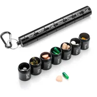 Metall Alu Tablettenbox 7 Tage 7 Fächer Schwarz Aluminium Mini Klein Woche Pillendose Wasserdicht Mitnehmen Lang Tablettendose Pillen Organizer Box Medikamentenbox für Reise Outdoor Camping Unterwegs