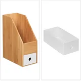 Relaxdays Stehsammler, für A4 Papier, Büro Organizer Bambus, MDF, Zeitschriftensammler HxBxT 30 x 12 x 23 cm, natur-weiß