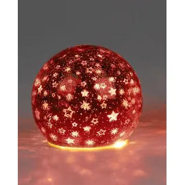 Formano LED Deko-Kugel 12 cm Sterne Rot Glaskugel Timer 6h/18h beleuchtete Deko Batteriebetrieben - glänzende Crackle-Optik - Herbst Winter Weihnachtsdeko für Tisch Regal Fensterbank