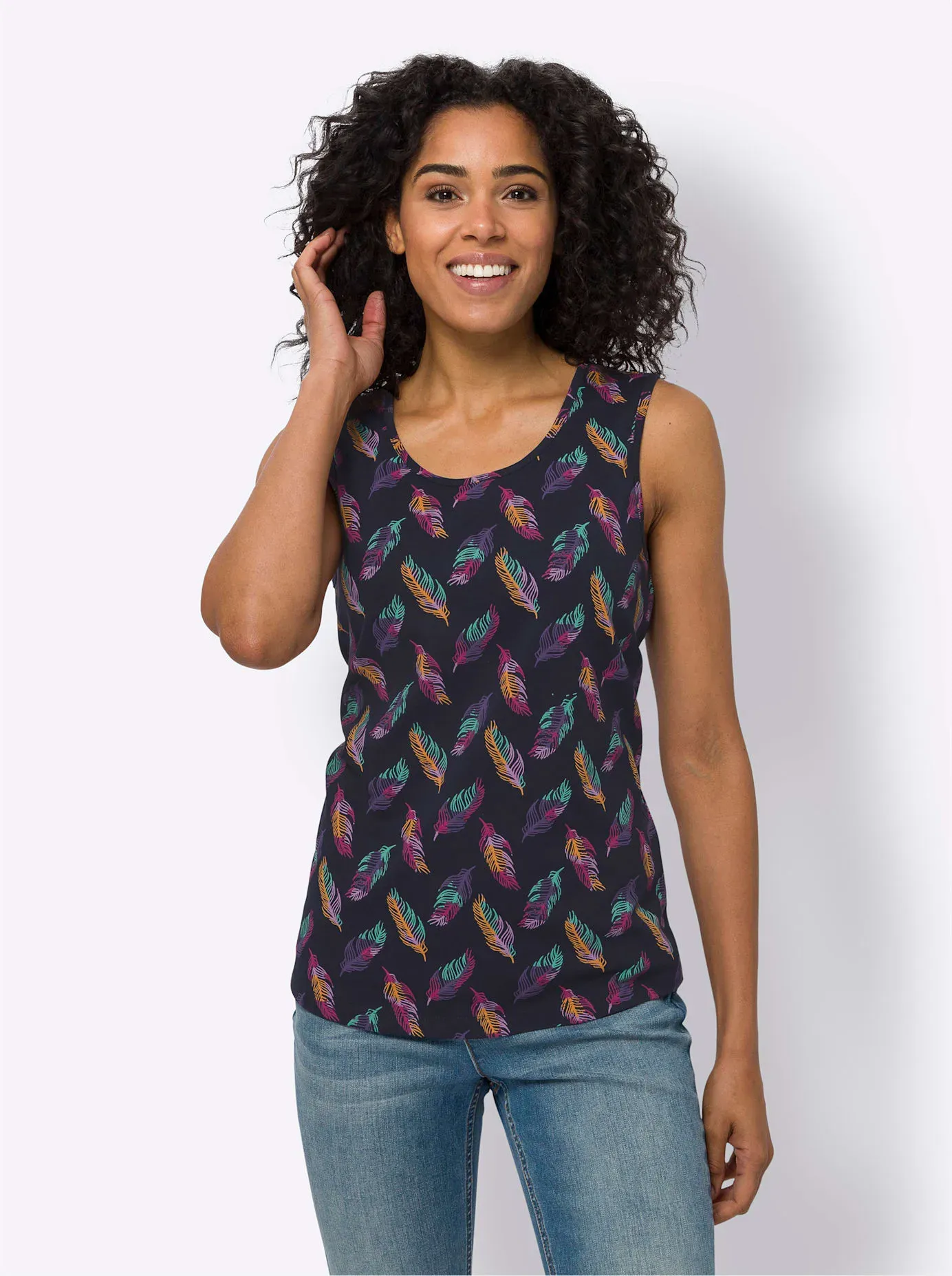 Shirttop CLASSIC BASICS, Damen, Gr. 52, blau (marine, blaugrün, bedruckt), 100% Baumwolle, gemustert, mehrfarbig, Rundhals, Tops Shirttop, Topseller