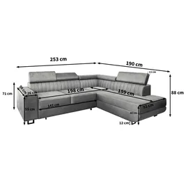 masseno Ecksofa NOLA R-S mit Schlaffunktion L-Form, Sofa mit Bettkasten, Wohnzimmersofa, Couch, Soffa, Bettsofa, Couchgarnitur- Beige, ¦ Maße (cm): B: 253 H: 88