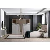 JVmoebel Komplettschlafzimmer Elegantes Schlafzimmer Set in Beige mit goldenen Akzenten, (6-tlg., 1x Bett + 1x Kleiderschrank + 2x Nachttische + 1x Kommode + 1x Spiegel), Made in Europa weiß