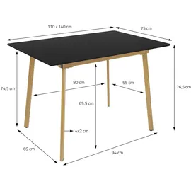 ML-Design Esstisch ausziehbar Schwarz aus Holz, 110/140x75x76,5 cm, 4-6 Personen, Skandinavisch Küchentisch mit Stahlbeinen, für Küche -
