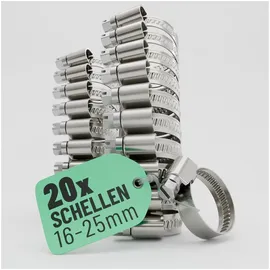 greate 20x Schlauchschellen Edelstahl 16-25 mm - Einstellbare Schlauchschelle rostfrei mit 9 mm Bandbreite - Schellen für Pool, Teich, Waschmaschine uvm - Schraubschellen Edelstahl 304