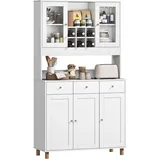 HOMCOM Küchenschrank, Buffetschrank mit verstellbaren Regalen, 4 Türen, Schublade, Vorratsschrank mit Arbeitsplatte, Weinfächern, Hochschrank mit 2 Glastüre, 100 x 40 x 180 cm, Weiß