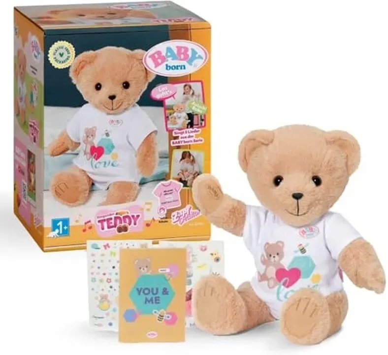 BABY born Singender Teddy - Plüschbär mit Soundfunktion & weißem Strampler - Bewegliche Arme & Beine - Geeignet für Kinder ab 18 Monaten - Singt 5 deutsche Lieder aus der Serie