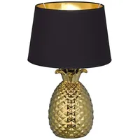 MeineWunschleuchte Große Tischleuchte Ananas Keramiksockel Gold, Stoffschirm Schwarz