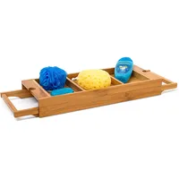 Relaxdays Badewannenablage ausziehbar HxBxT:7x67,5x21cm, Badewannentablett mit Haltern Bambus