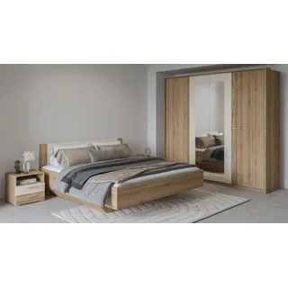 Home Affaire »Bitry,Set 4-St(Bett 180 cm, 2xNako, Drehtürenschrank)«, Komplettschlafzimmer, viel Stauraum, fühlbare Struktur, Holzoptik