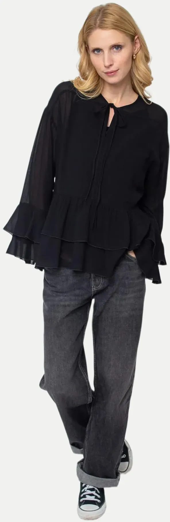 Shirtbluse mit doppelten Volants an Schwarz 38