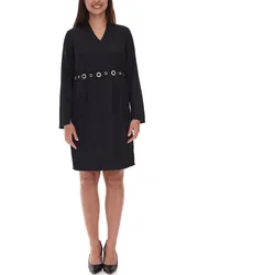 elegantes Damen Etui-Kleid Business-Kleid mit Ösenbesatz Sommer-Kleid Langarm-Kleid 951072 Schwarz - 36