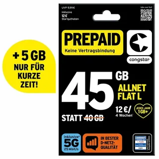 Congstar Prepaid ALLNET L SIM-Karte ohne Vertrag 5G mit 25 Mbit/s Prepaidkarte, (EU-Roaming inkl. CH, 12 € Startguthaben) schwarz