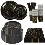 CEILIWEN Partyzubehör-Set für 50 Gäste, schwarz-goldene Sterne, Papiergeschirr, Einweg-Partygeschirr-Set, enthält 22,9 cm Teller, 17,8 cm Teller, Serviette, Tasse, Strohhalm, 250 Stück