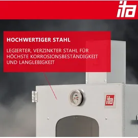 Ita Räucherofen 7012 - Premium Räucherschrank mit 3 Etagen - Legierter Stahl, mit Sichtfenster & Kaminabzug - Silber