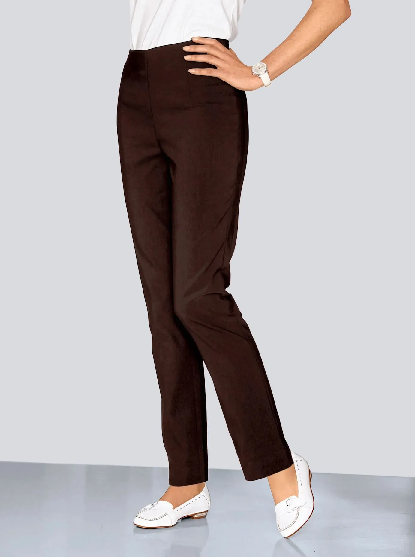 Stretch-Hose CLASSIC BASICS, Damen, Gr. 26, Kurzgrößen, braun (schokobraun), 64% Polyester, 34% Viskose, 2% Elasthan, unifarben, lang, Hosen