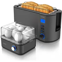 Arendo Frühstücks-Set, 8er Eierkocher + Langschlitz Toaster für 4 Scheiben, Grau