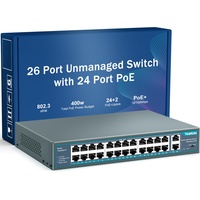 YuanLey 26 Port PoE Switch, 24 PoE+ Port 100Mbps, 2 Uplink Gigabit, 802.3af/at 400W, Nicht verwaltetes Plug-and-Play für die Rackmontage