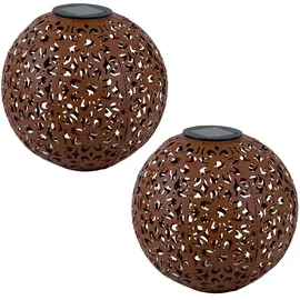 Expo Börse Solarleuchte für Außen Kugel Solar Gartendeko Solarlampe rost Erdspieß, Blumen Dekorstanzungen, Metall, LED warmweiß, d 20 cm, 2er Set