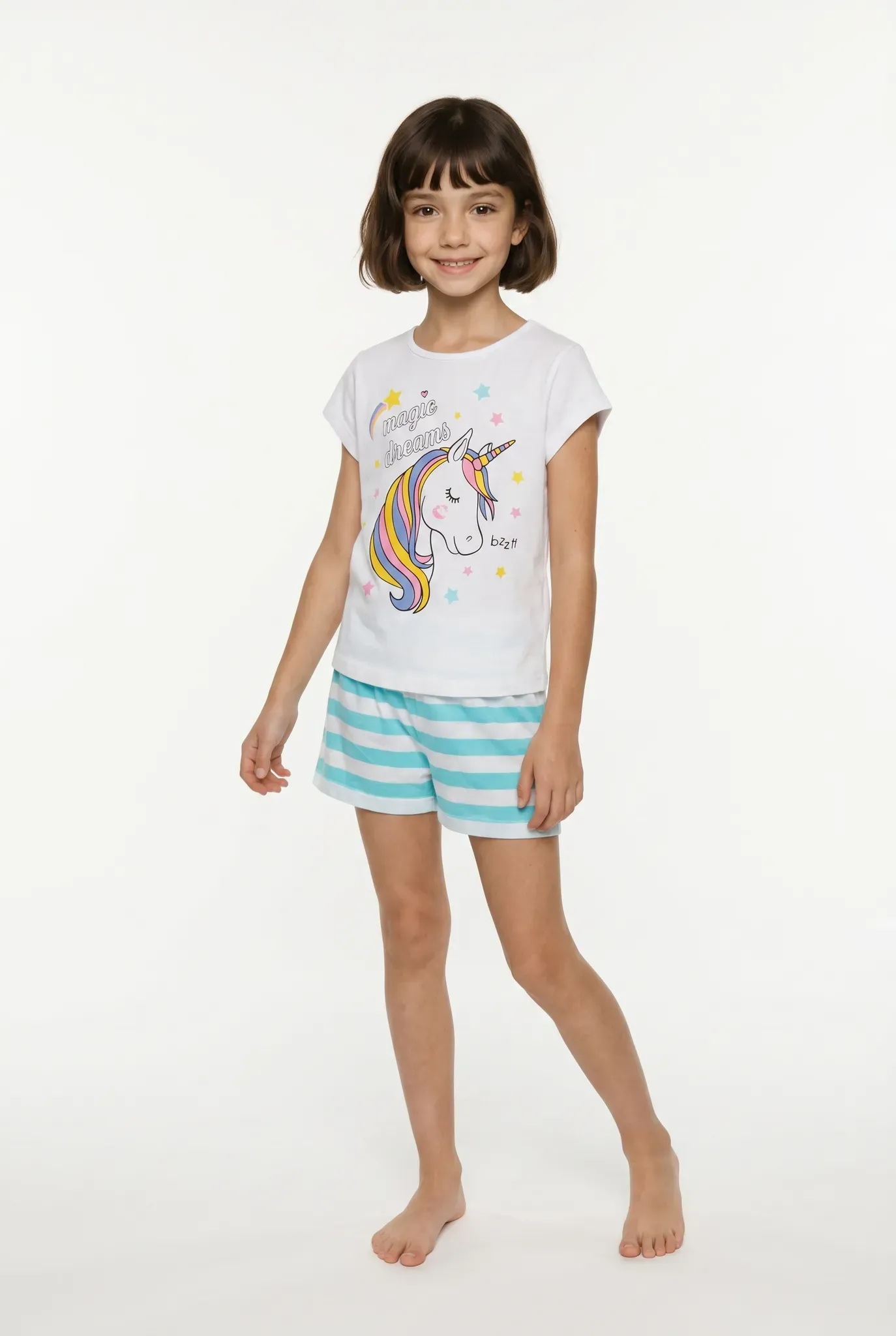 Shorty BONPRIX, Mädchen, Gr. 140/146, aqua, weiß, Obermaterial: 100% Baumwolle, Homewear-Sets Shorty, vierteiliger Shorty-Pyjama, zwei T-Shirts mit Druck, aus Baumwolle