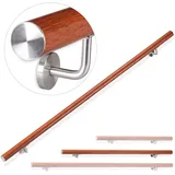 Relaxdays Handlauf Aluminium, rund, Treppengeländer innen, außen, Eiche-Optik, 150 cm, Ø 42mm, mit Wandhalterung, braun