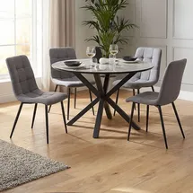 Homestyle4u Essgruppe mit 4 Stühlen 5 tlg Esstisch rund 110 cm Set Sitzgruppe Küchentisch Esszimmer Esszimmergruppe - Grau