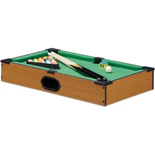 Relaxdays Tischbillard, Billardtisch in Holz-Optik, mit 2 Queues, Kugeln, Dreieck und Kreide, B x T: 51 x 31 cm, grün