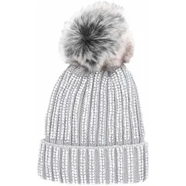 Antonio Strick Mütze Beanie mit Bommel und Pailletten hellgrau