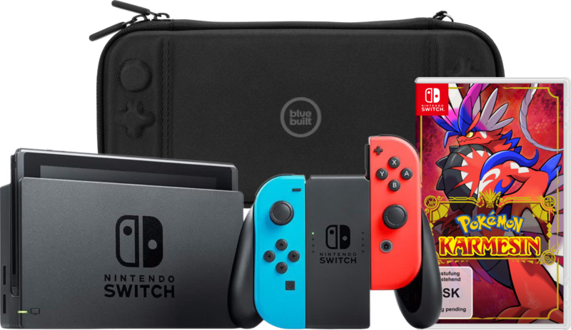 Nintendo Switch Rot/Blau + Pokemon Karmesin + Bluebuilt Travel Case