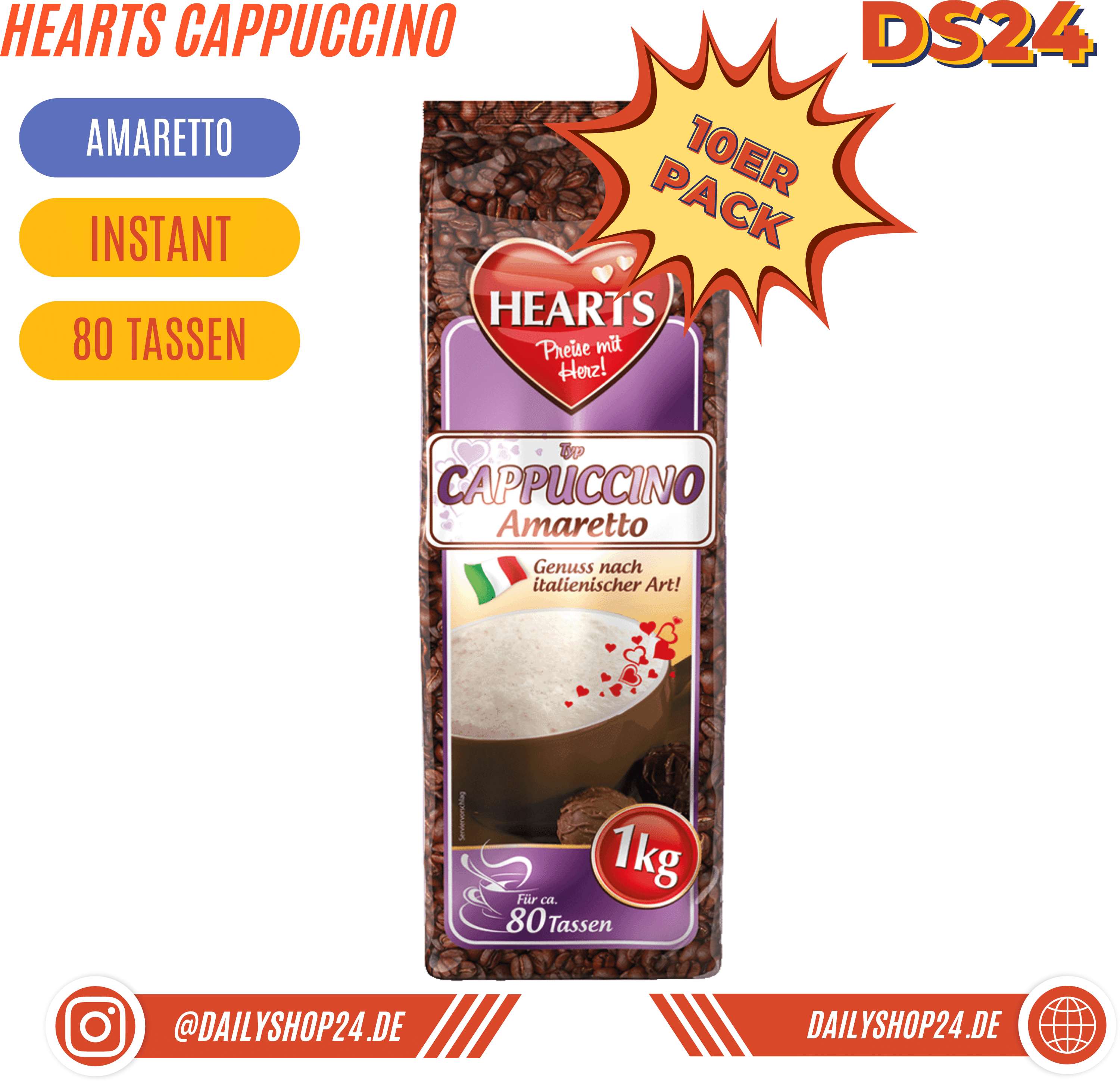HEARTS Cappuccino - 10 Stück Vorteilspack / Cappuccino Amaretto