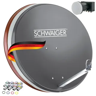 SCHWAIGER Satellitenschüssel Komplettset mit Quad LNB digital HD 4K Stahl SAT Anlage 75cm Anthrazit Masthalterung F-Stecker Montagematerial Astra Hotbird Eutelsat Türksat Amos