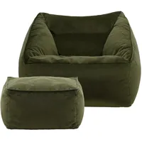I.C.O.N. Icon Sitzsack Sessel mit Hocker für Erwachsene, Olivgrün, Flauschiger Samtstoff, Riesen Sitzsack Samt mit Füllung, Bean Bag Chair, Bequemer Sessel Wohnzimmer, Lounge, Schlafzimmer, Büro