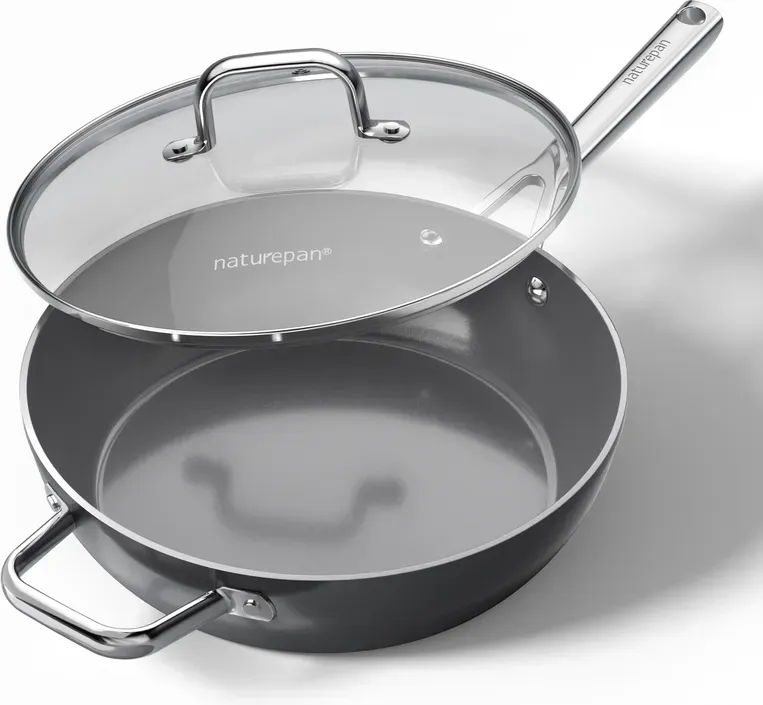 naturepan Keramik-Kochgeschirr Diamant Titane 28 cm Hoch mit Deckel – Antihaftbeschichtung ohne PTFE/PFOA/PFAS – Cool-Touch-Griff – Induktions- & ofenfest – Spülmaschinenfest – Grau
