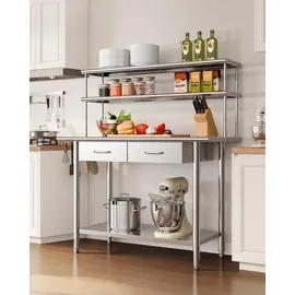 Vevor Gastronomie Arbeitstisch 1220 x 610 x 1400 mm, Edelstahltisch mit Grundboden & 2 Schubladen & Doppelaufsatzbord, Gewerblicher Vorbereitungstisch Werkbank für Restaurant Garage Küchentisch
