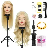 Frisierkopf mit Ständer 50% Echthaar Neverland Übungskopf 26" Frisieren Trainingsköpfe für Friseure Blonde it Halter + DIY Haare Set