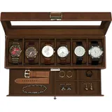 KILHS Uhrenbox mit 6 Fächern,Uhrenbox mit Glasdeckel,Uhrenaufbewahrung Box mit 1 Schublade zur Aufbewahrung von Schmuck, Ringen, Manschettenknöpfen usw.Braun