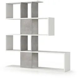 Dmora Bücherregal Hoya, Doppelseitige Bibliothek mit 5 Regalen, Zick - Zack - Regal für Bücher, Schrankwand mit Regalen, 145x29h145 cm, Weiß und Beton